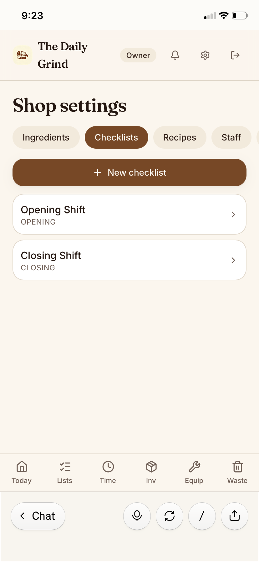 Daily Grind OS Daily Checklists screen