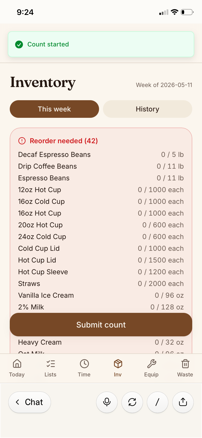 Daily Grind OS Inventory & Reorder screen