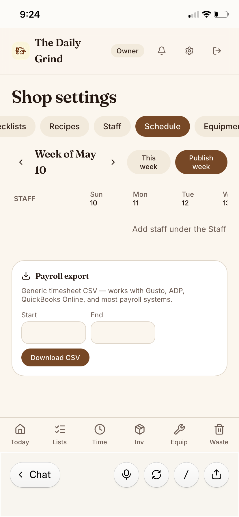 Daily Grind OS Schedule + Payroll screen