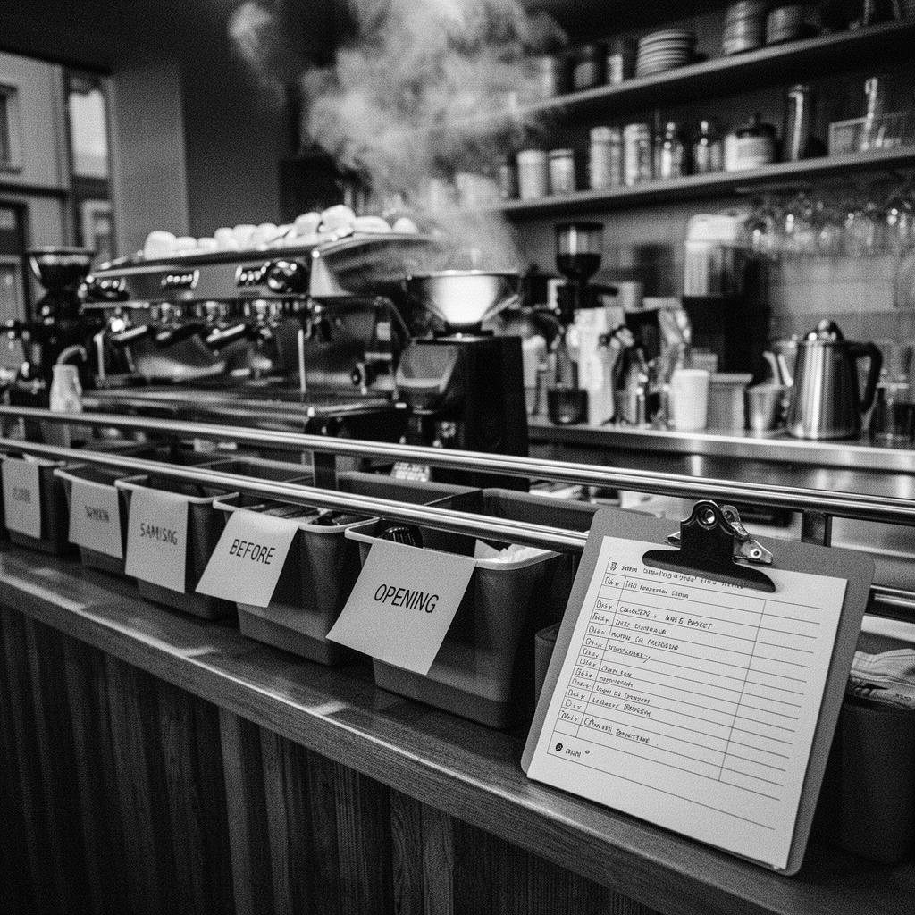 Coffee shop back-bar at 5am with prep checklist
