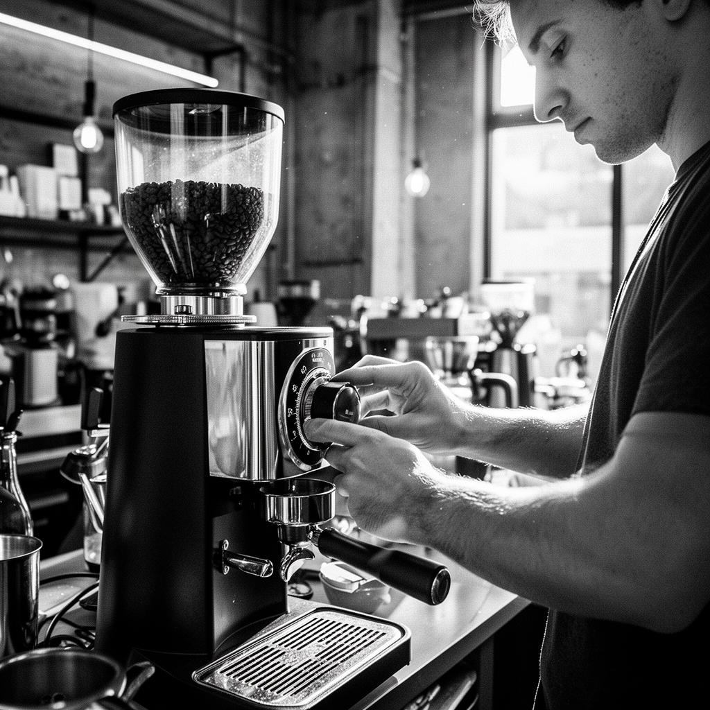 Operator adjusting an espresso grinder during morning prep